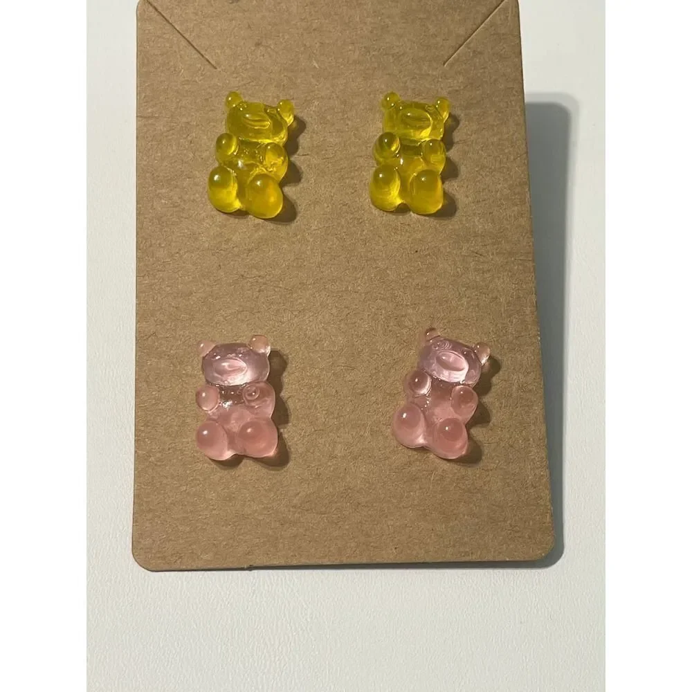 Gummy Bear Acrylic Stud Earrings‎ Pink Yellow Statement Novelty Fashion Set New